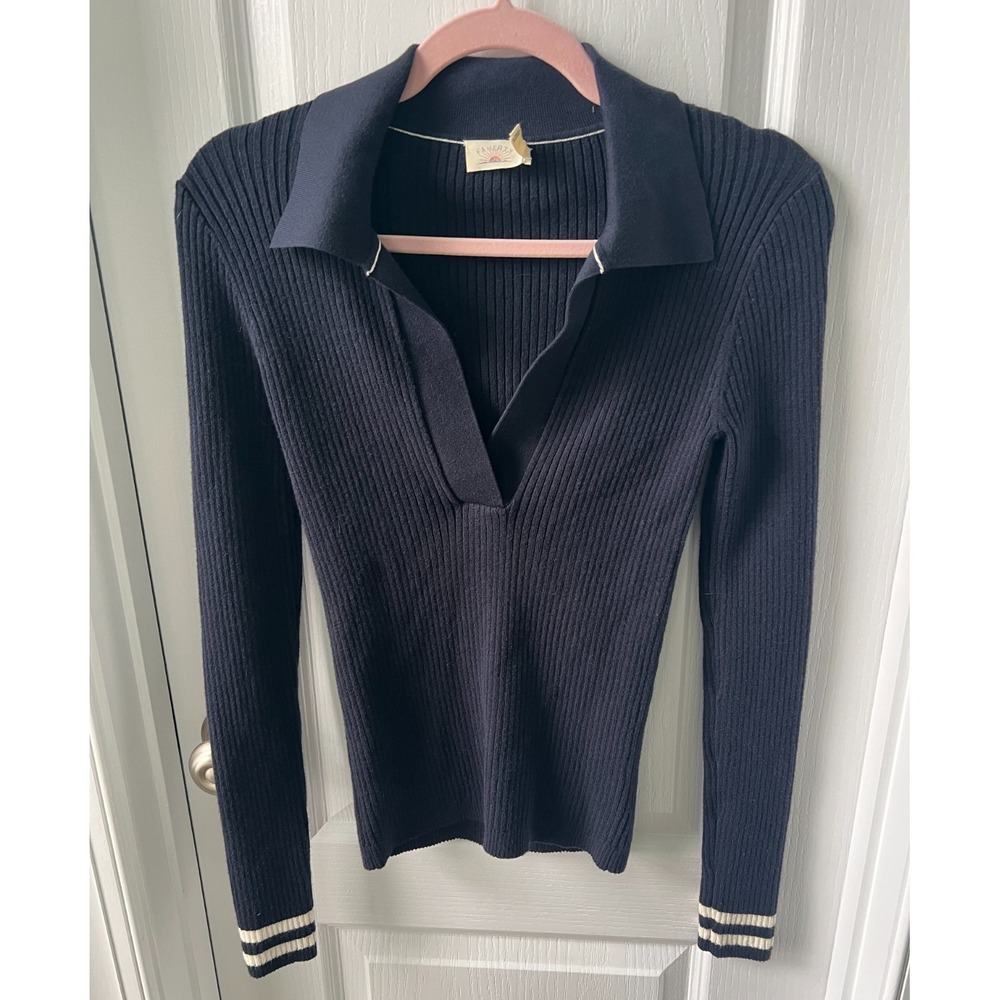 Faherty Shiloh Organic Cotton Cashmere Blend Navy Ribbed Polo Sweater Size S